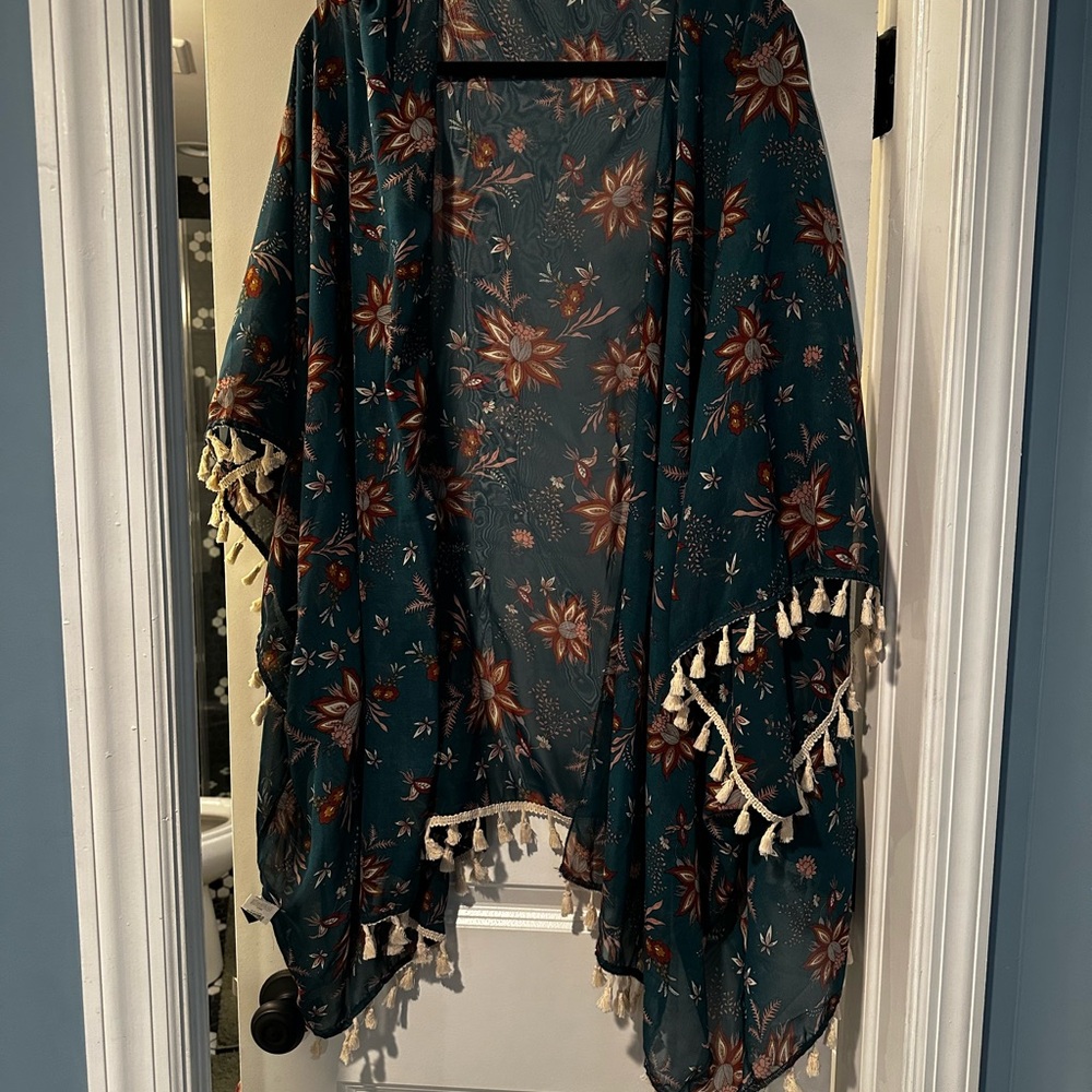Floral Tassel Kimono - Teal